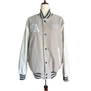 PacSun Varsity Jacket Large Grey White Embroidered Appliqué Pacific Sunwear‎